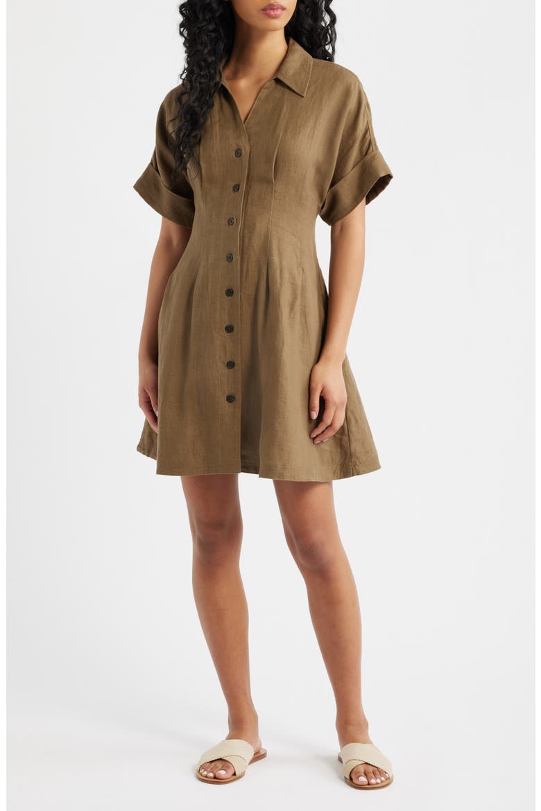 Pleated Linen Mini Shirtdress