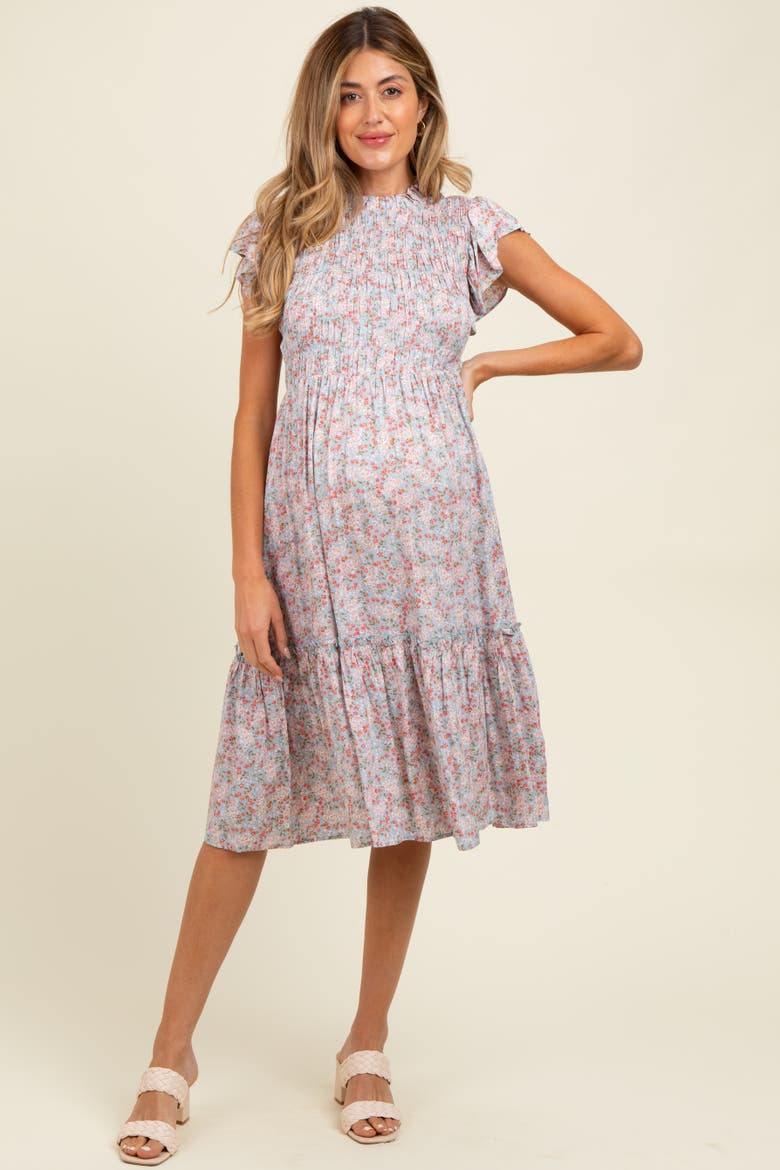 Floral Mock Neck Smocked Ruffe Sleeve Midi Dress