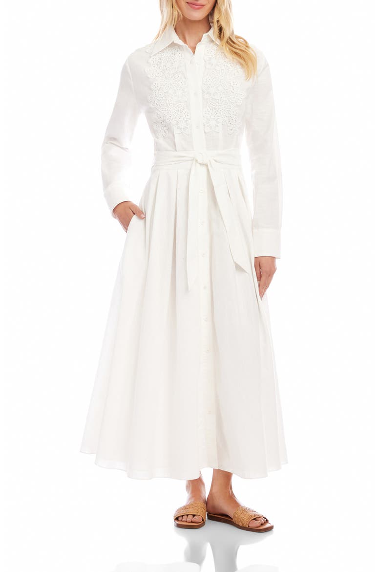 Floral Appliqué Long Sleeve Cotton & Linen Shirtdress