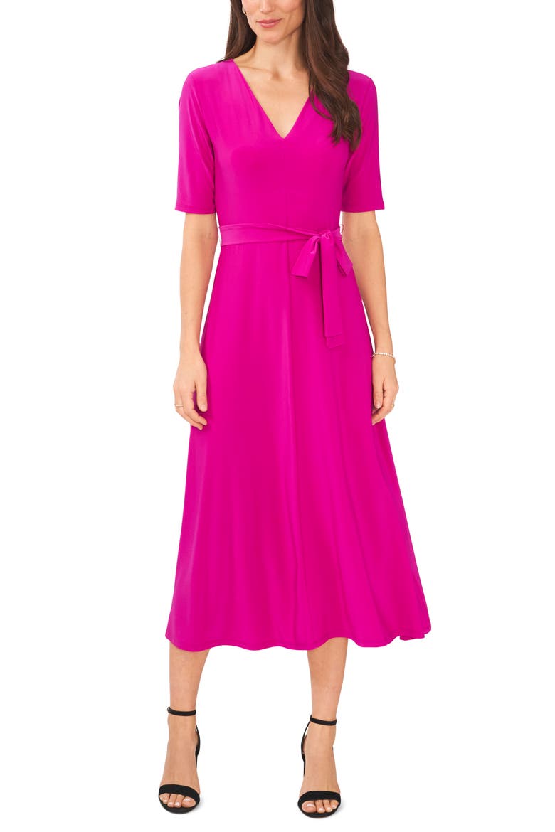 V-Neck Belted Midi Dress