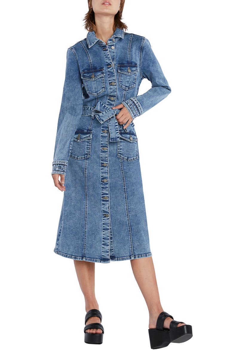 Tie Waist Long Sleeve Cargo Denim Midi Shirtdress