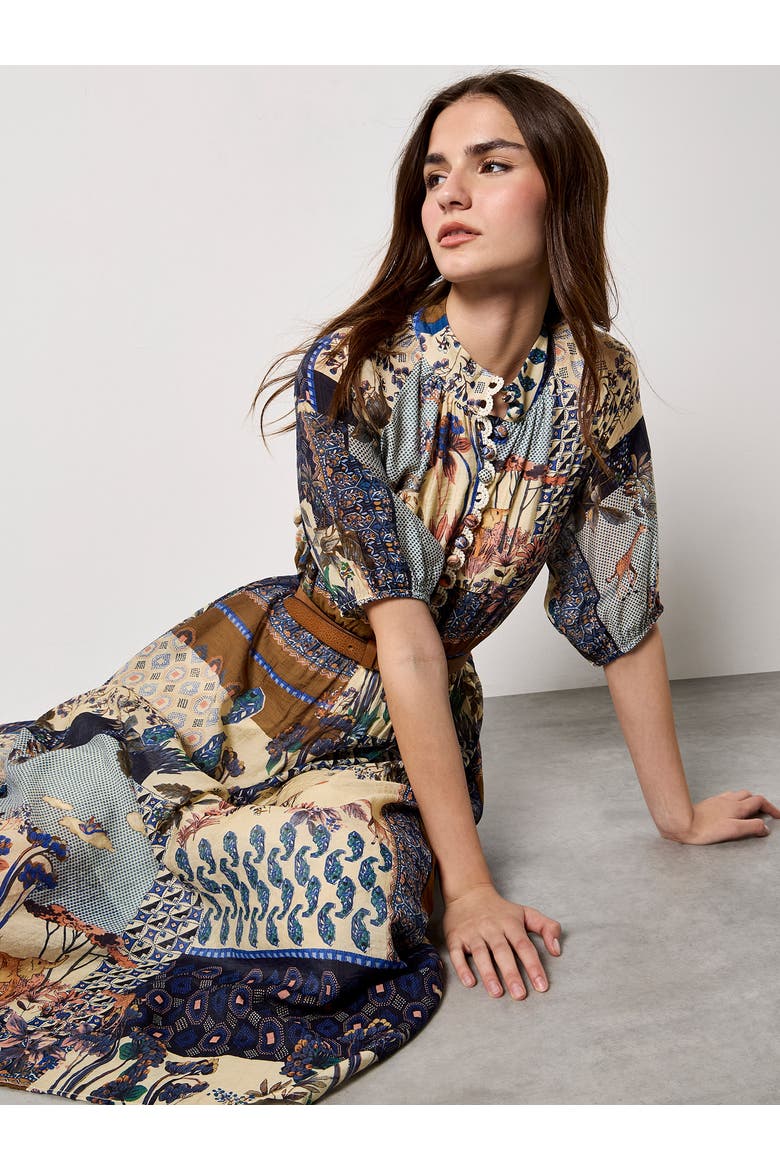 High Neck Patchwork Midi Shirt Dress