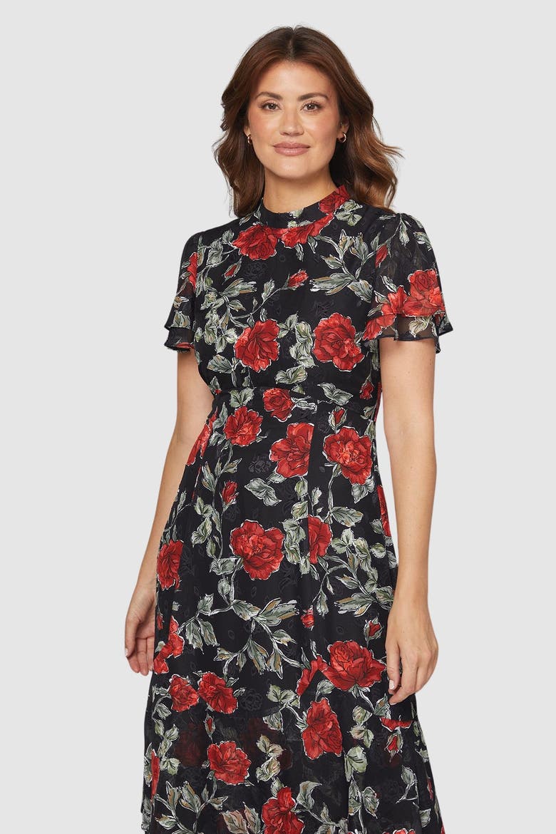 Floral Burn Out Ruffle Midi Dress