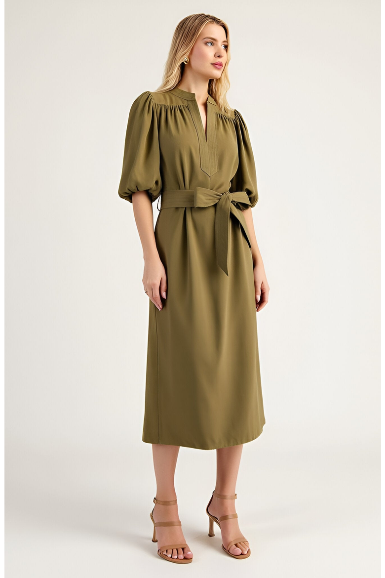Belted Midi Dress with Puff Elbow Sleeves and Keyhole Neckline