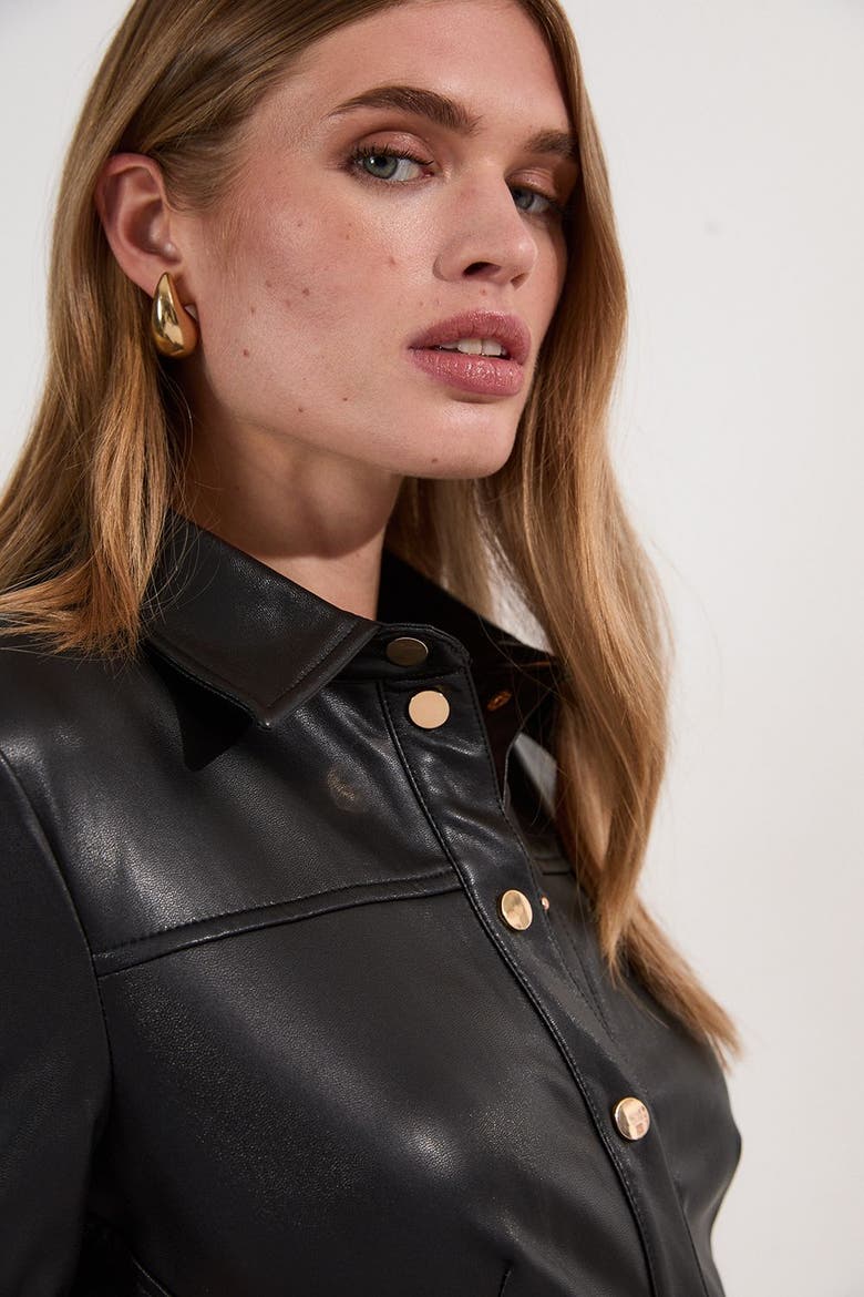 Faux Leather Belted Midi Shirt Dress