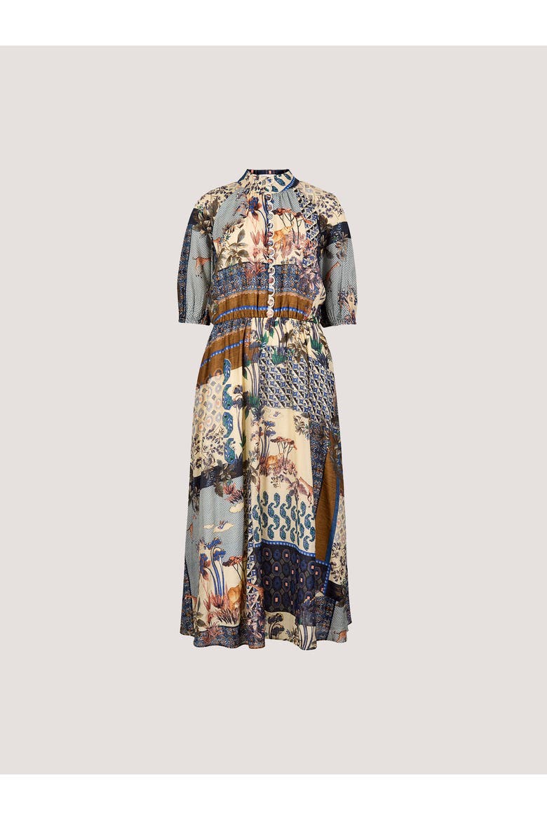 High Neck Patchwork Midi Shirt Dress