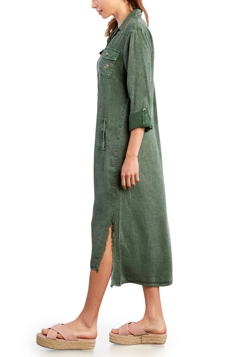 Upstate Floral Embroidered Long Sleeve High-Low Chambray Shirtdress
