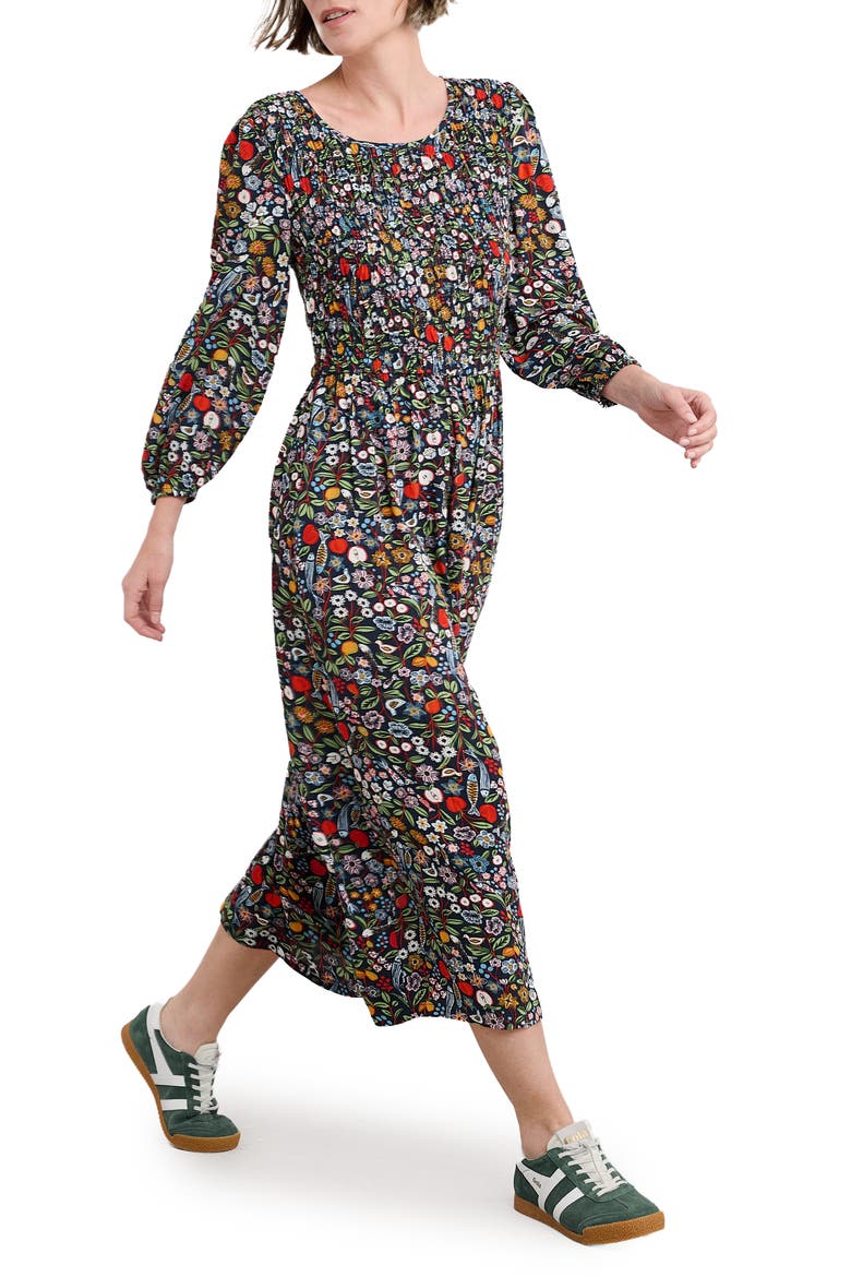 Meadowsweet Floral Smocked Long Sleeve Midi Dress