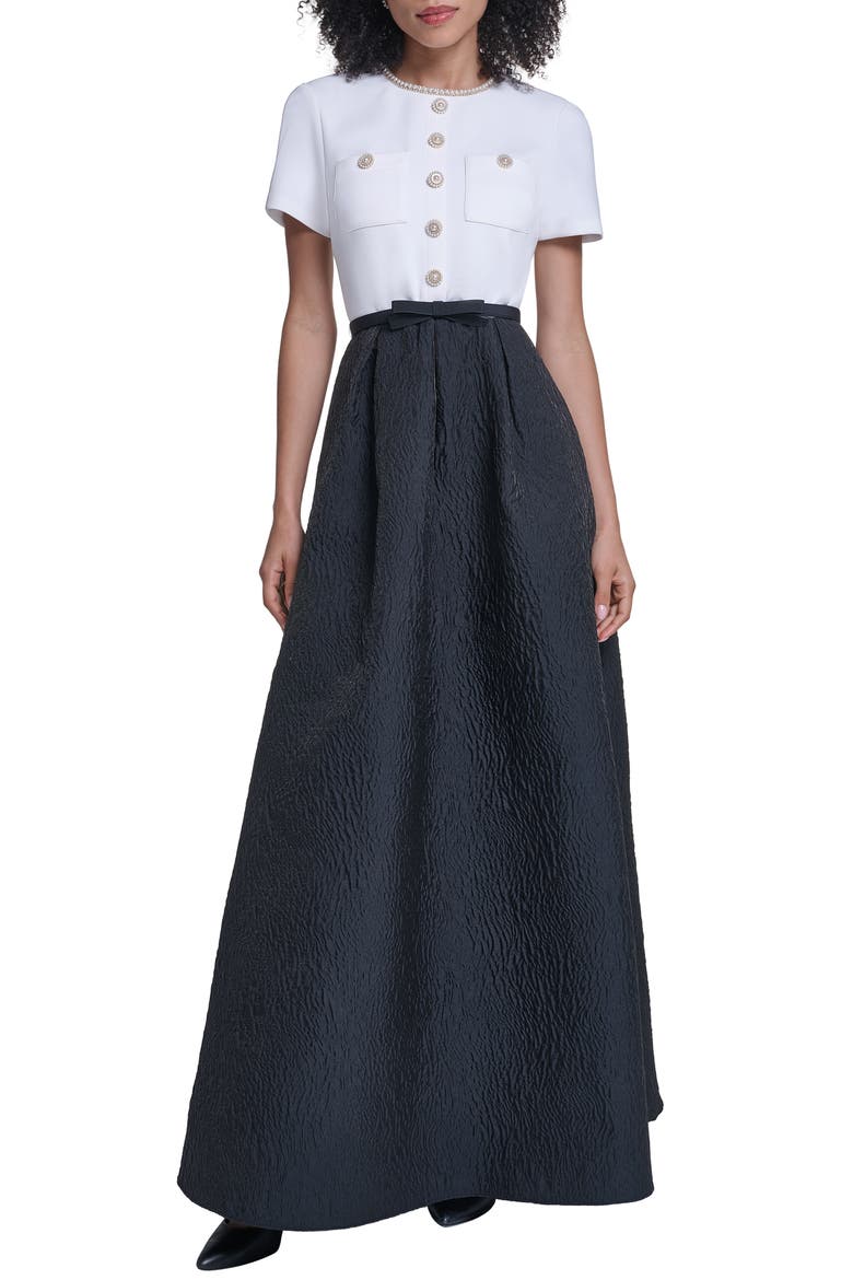 Mixed Media Short Sleeve A-Line Gown