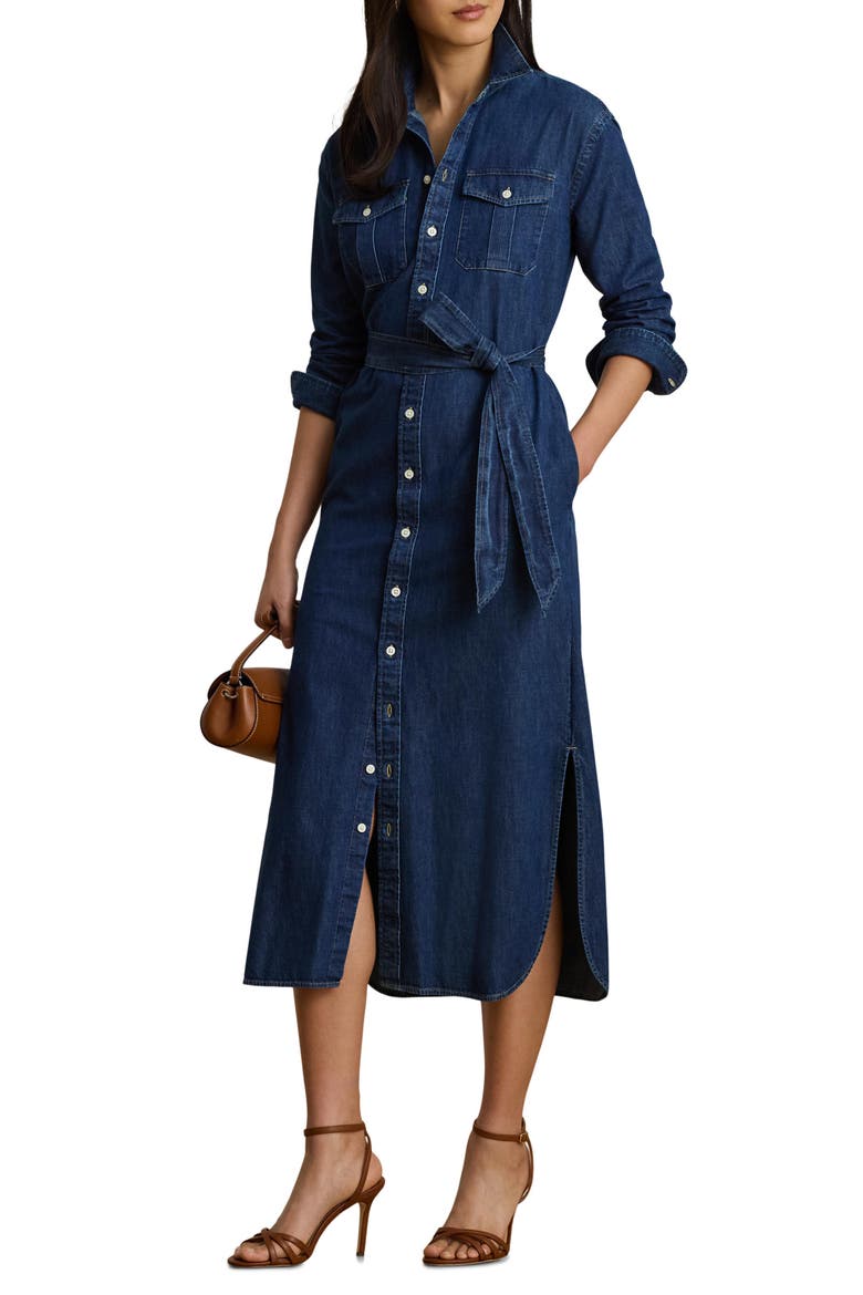 Long Sleeve Belted Cotton Denim Midi Shirtdress