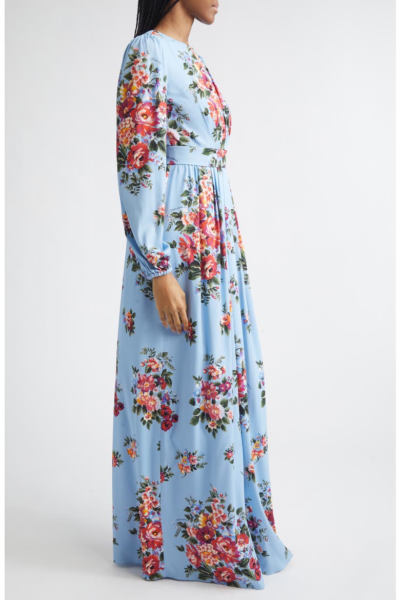 Flower Bouquet Print Long Sleeve Charmeuse Gown