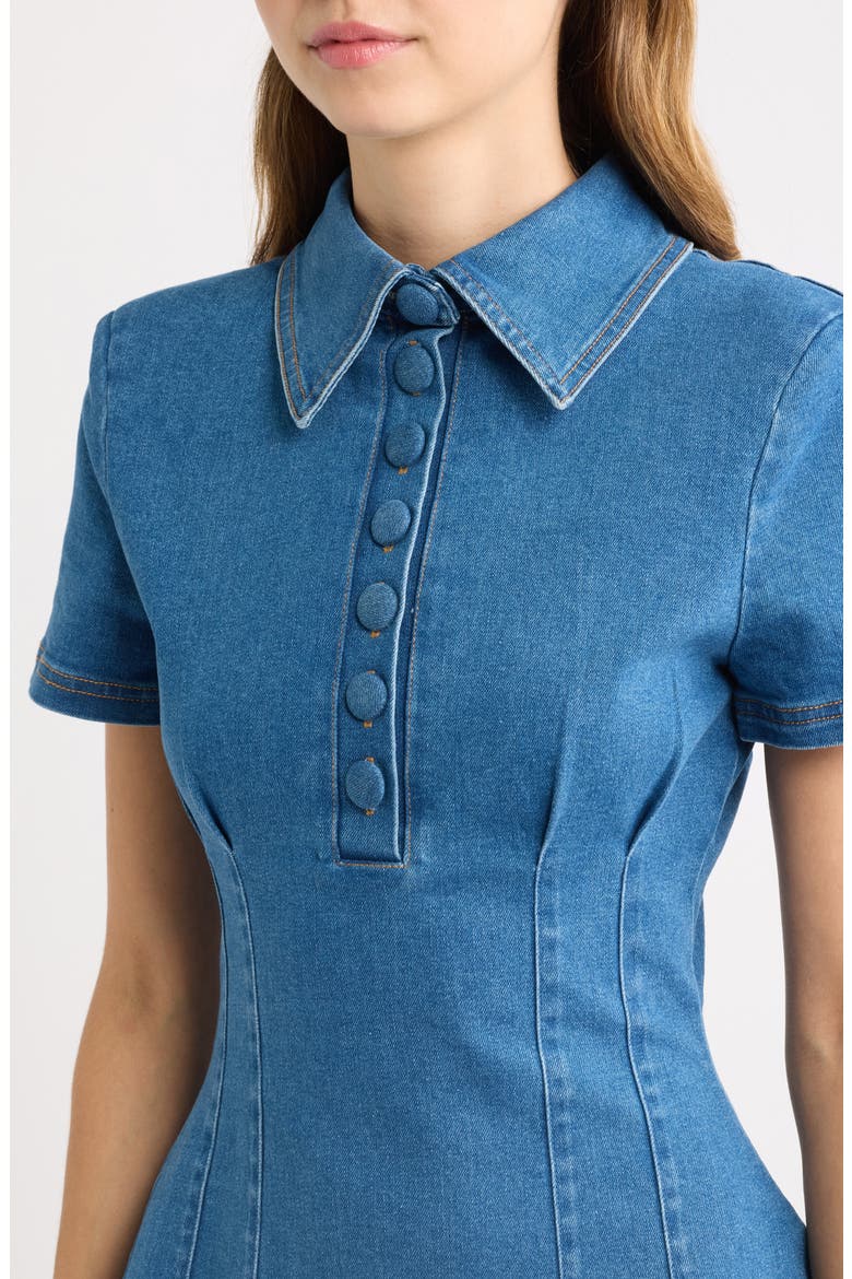 Pleated Seamed Cotton Blend Denim Fit & Flare Minidress
