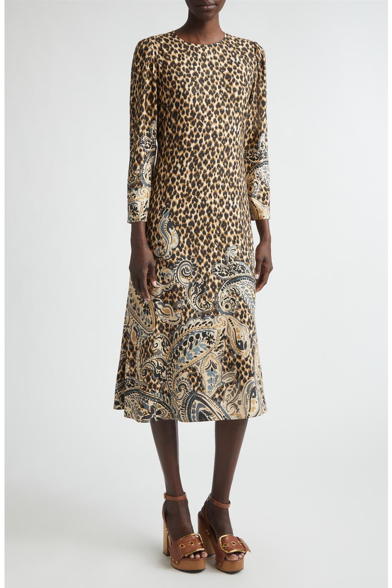 Mixed Print Long Sleeve Midi Dress