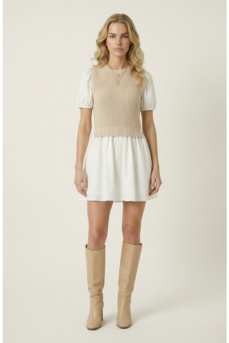 Ribbed Sleeveless Sweater Dress with Puff Sleeves