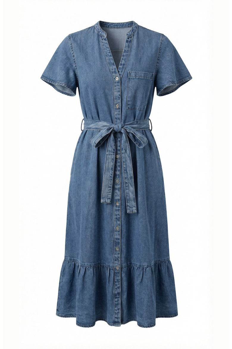 Belted Denim Ruffle Hem Dress