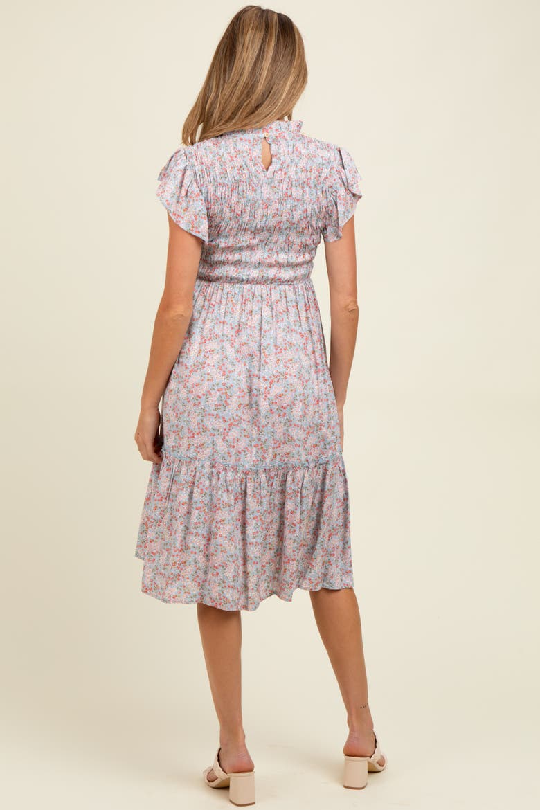 Floral Mock Neck Smocked Ruffe Sleeve Midi Dress