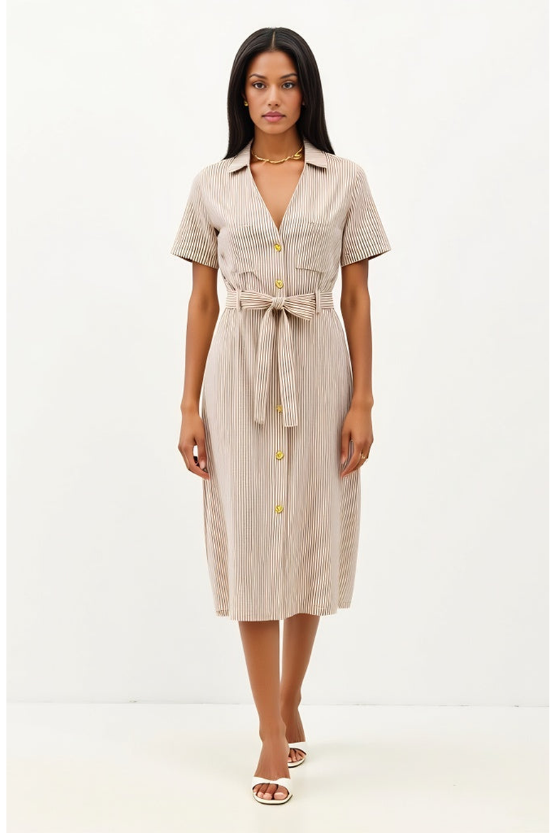 Striped Button-Down Midi Dress with Waist Tie and Collared Neckline