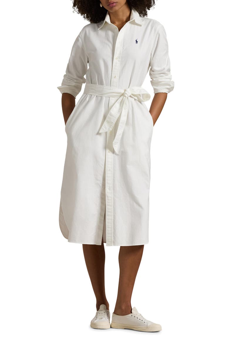 Belted Long Sleeve Cotton Oxford Shirtdress