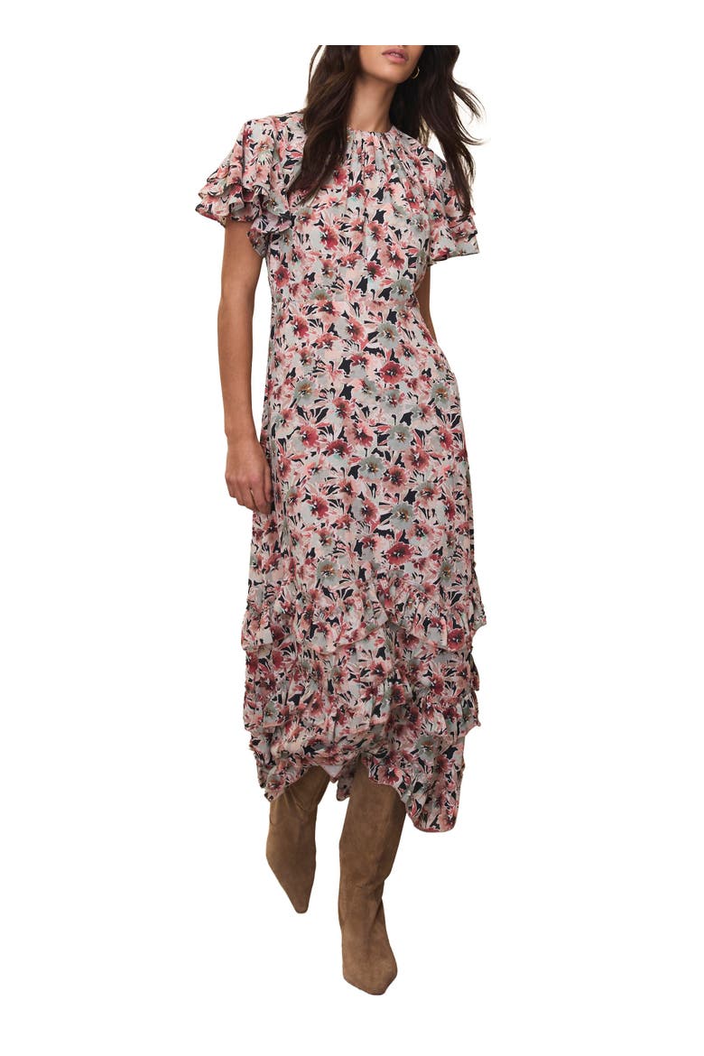 Floral Print Maxi Dress with short ruffle sleeves