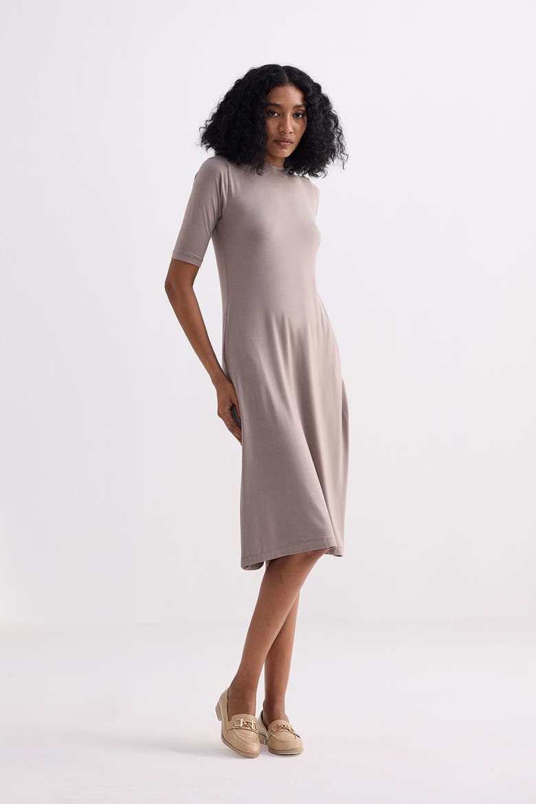High Neck Elbow Sleeves Fitted Dress