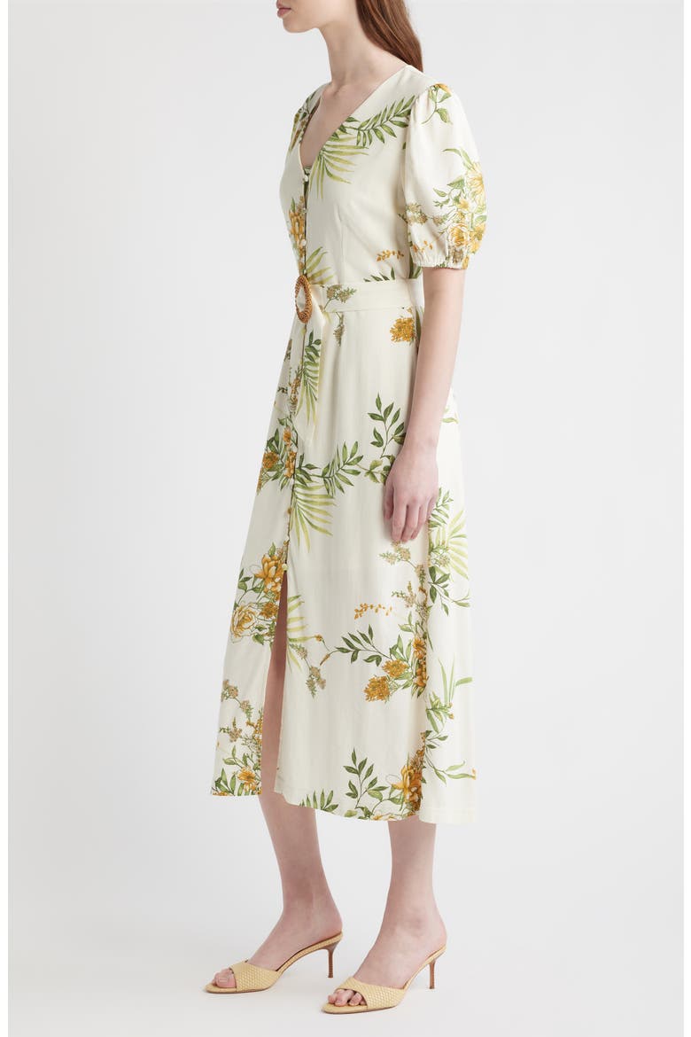 Printed Puff Sleeve Belted Midi Dress