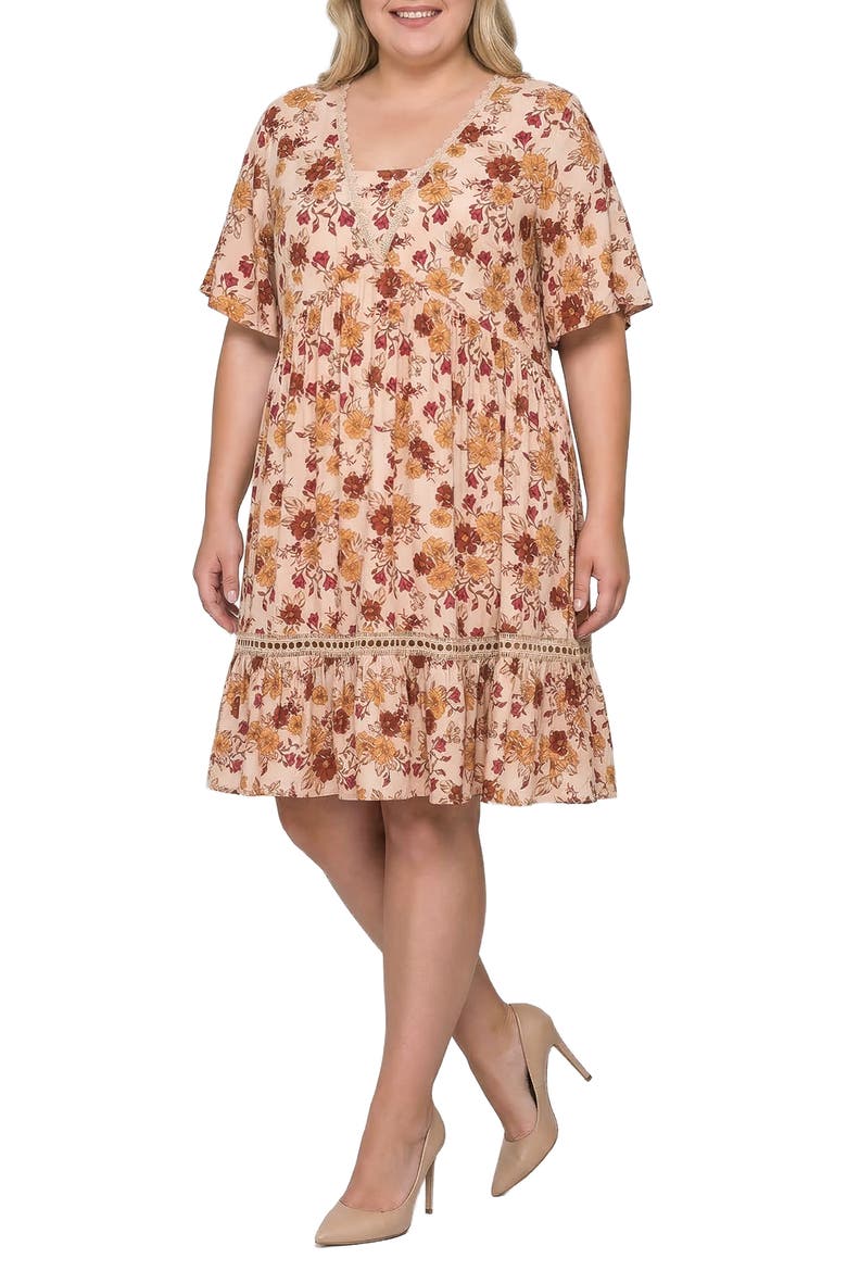 Floral Print Crochet Lace Trim Dress