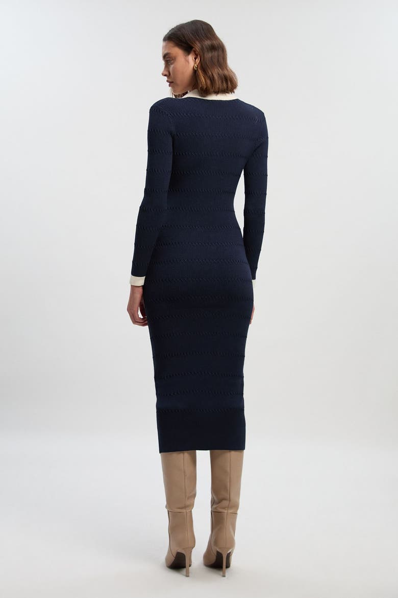 Rib Contrast Button Knit Midi Dress
