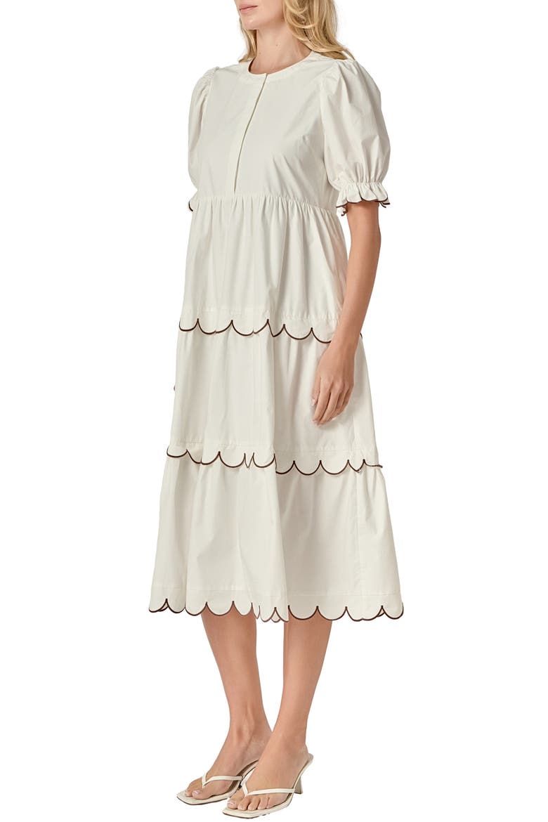 Contrast Scalloped Trim Cotton Midi Dress