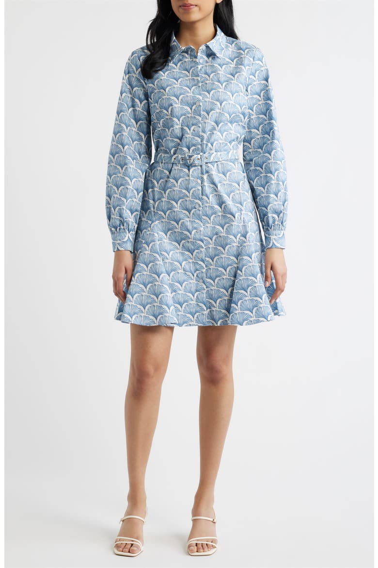 Fan Print Belted Button-Up Shirtdress