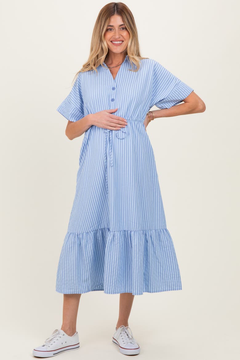 Blue Striped Button Collared Midi Dress