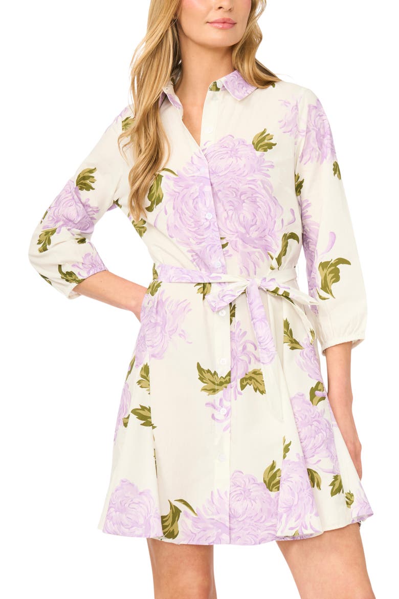 Floral Tie Belt Cotton Mini Shirtdress