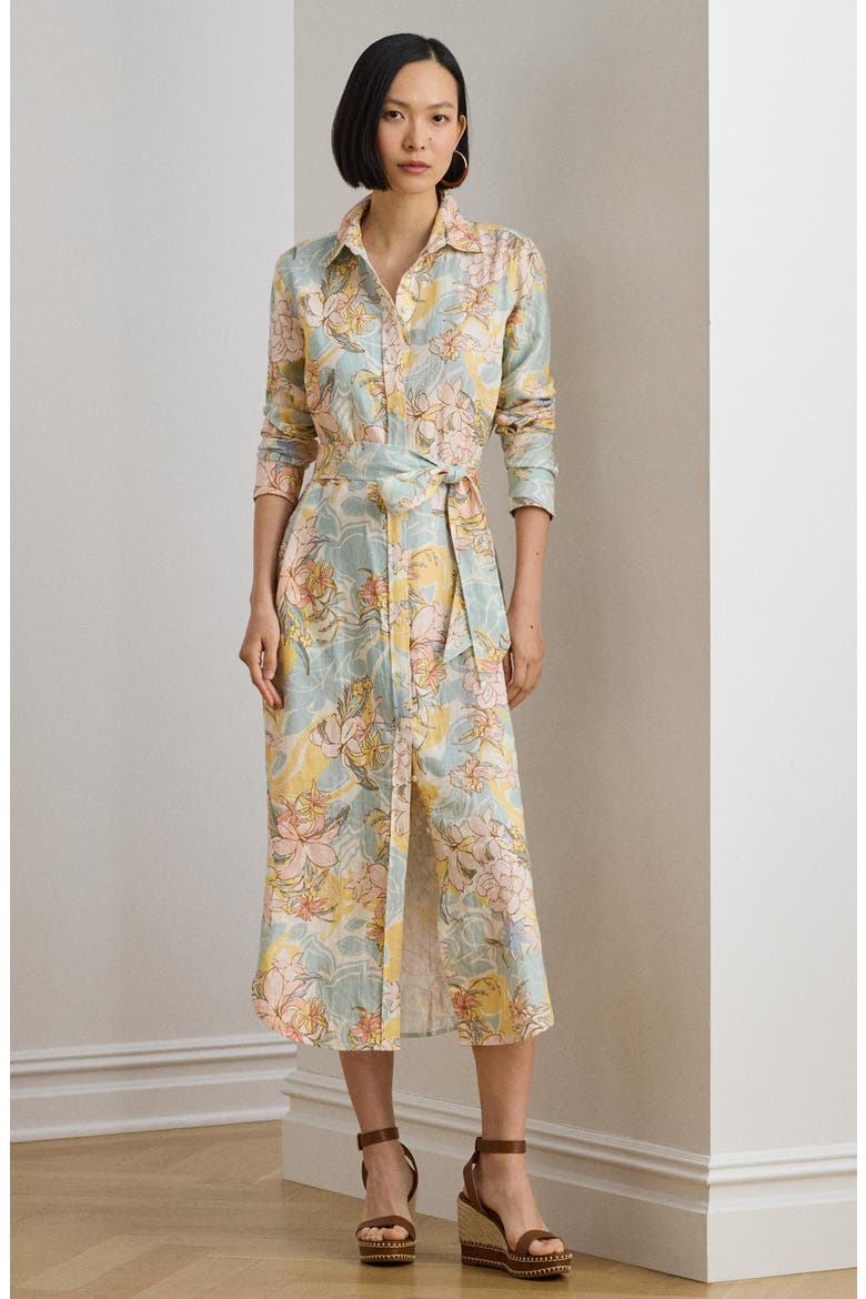 Floral Long Sleeve Linen Midi Shirtdress