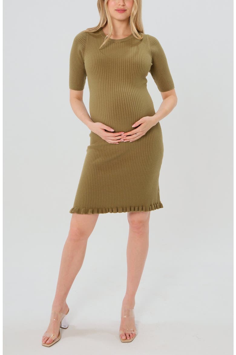 Women's Knee Length Olive Green Maternity Sweater Dress in Cotton Knit