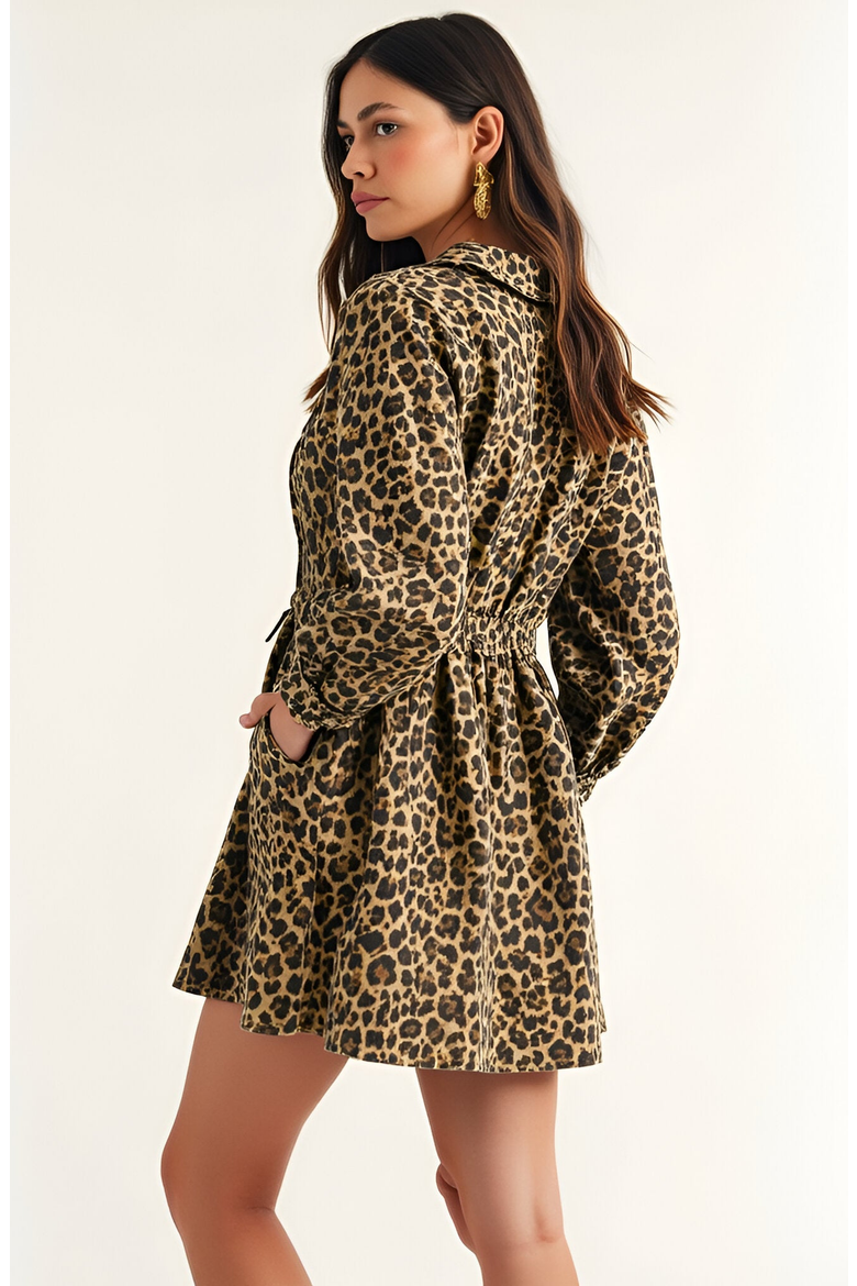 Leopard Print Long Sleeve Mini Dress with Oversized Collar