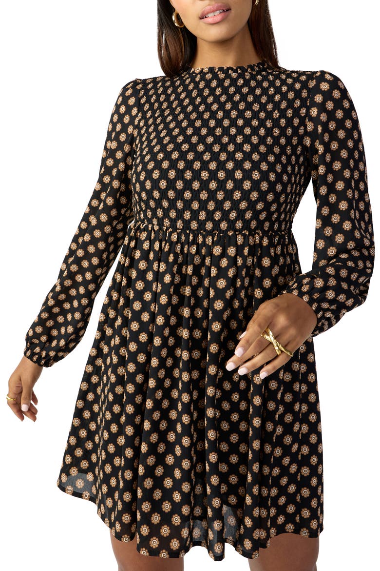 Medallion Smocked Long Sleeve Babydoll Minidress