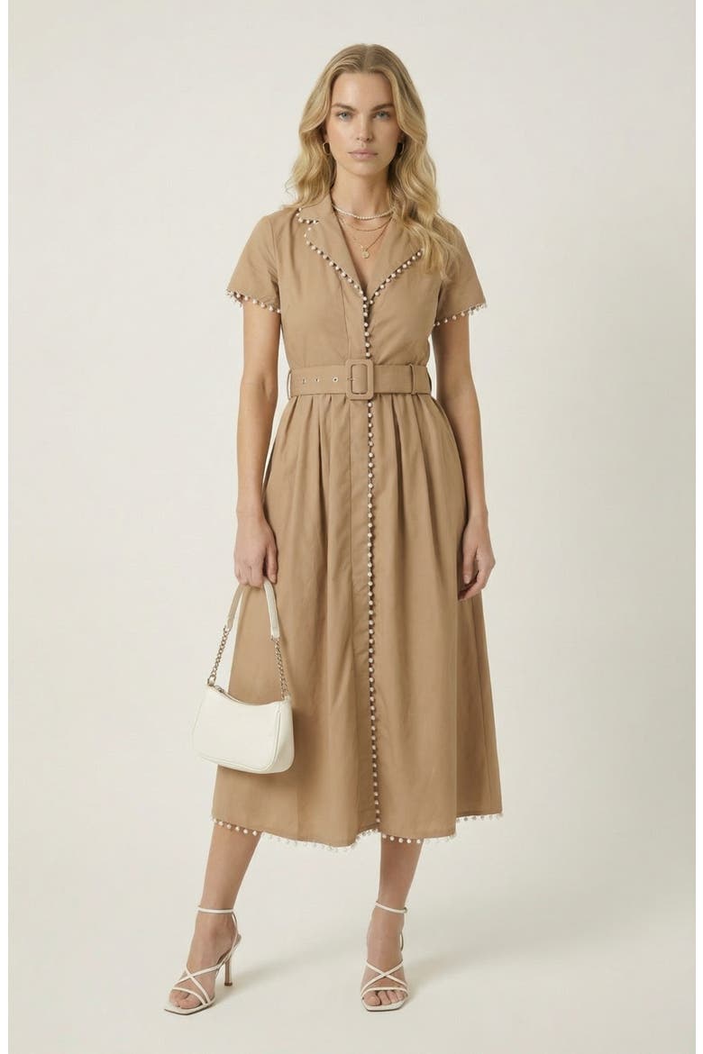 Short Sleeve Collared Midi Dress with Pearl Details and Statement Belt