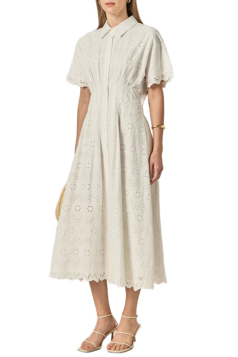 Eyelet Cinched Waist Midi Shirtdress