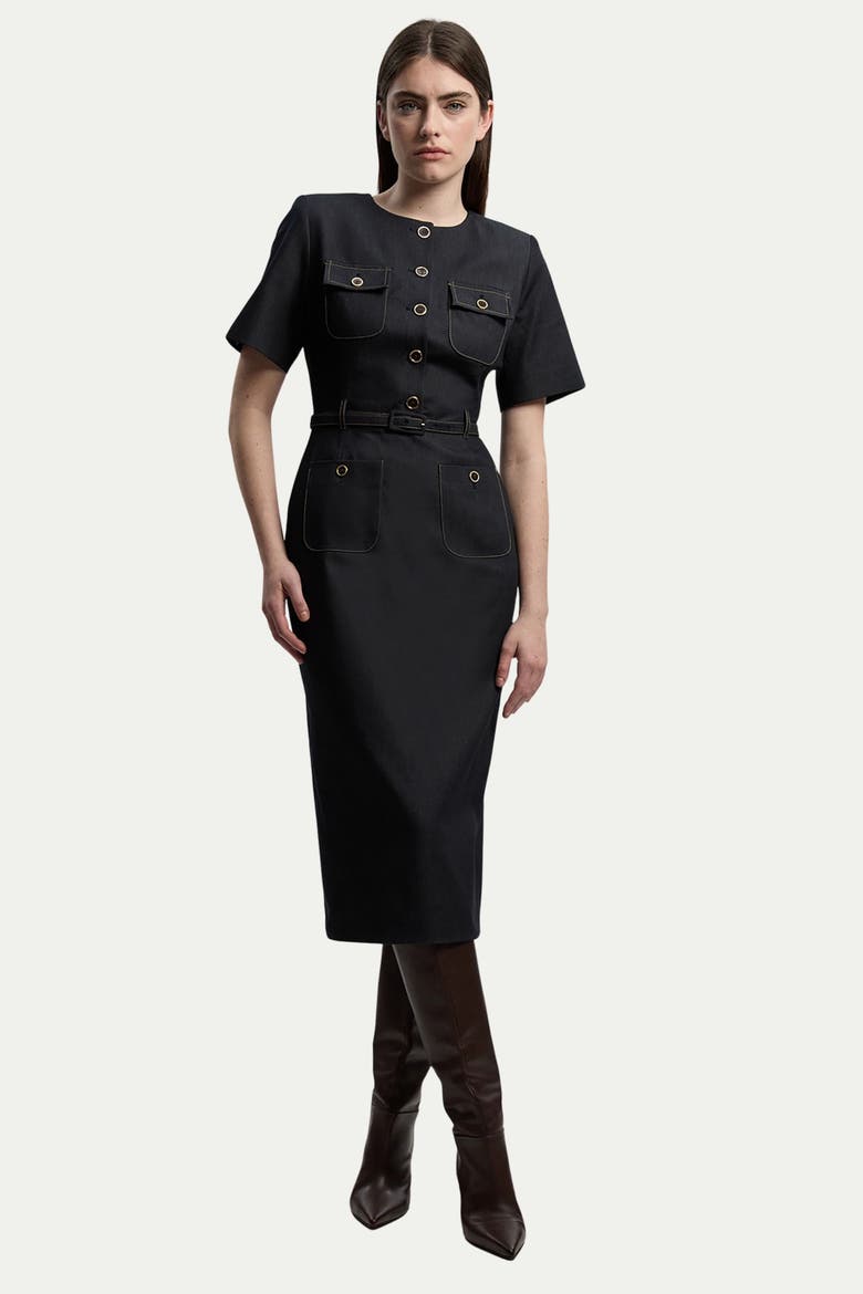 Tailored Denim Belted Midi Dress