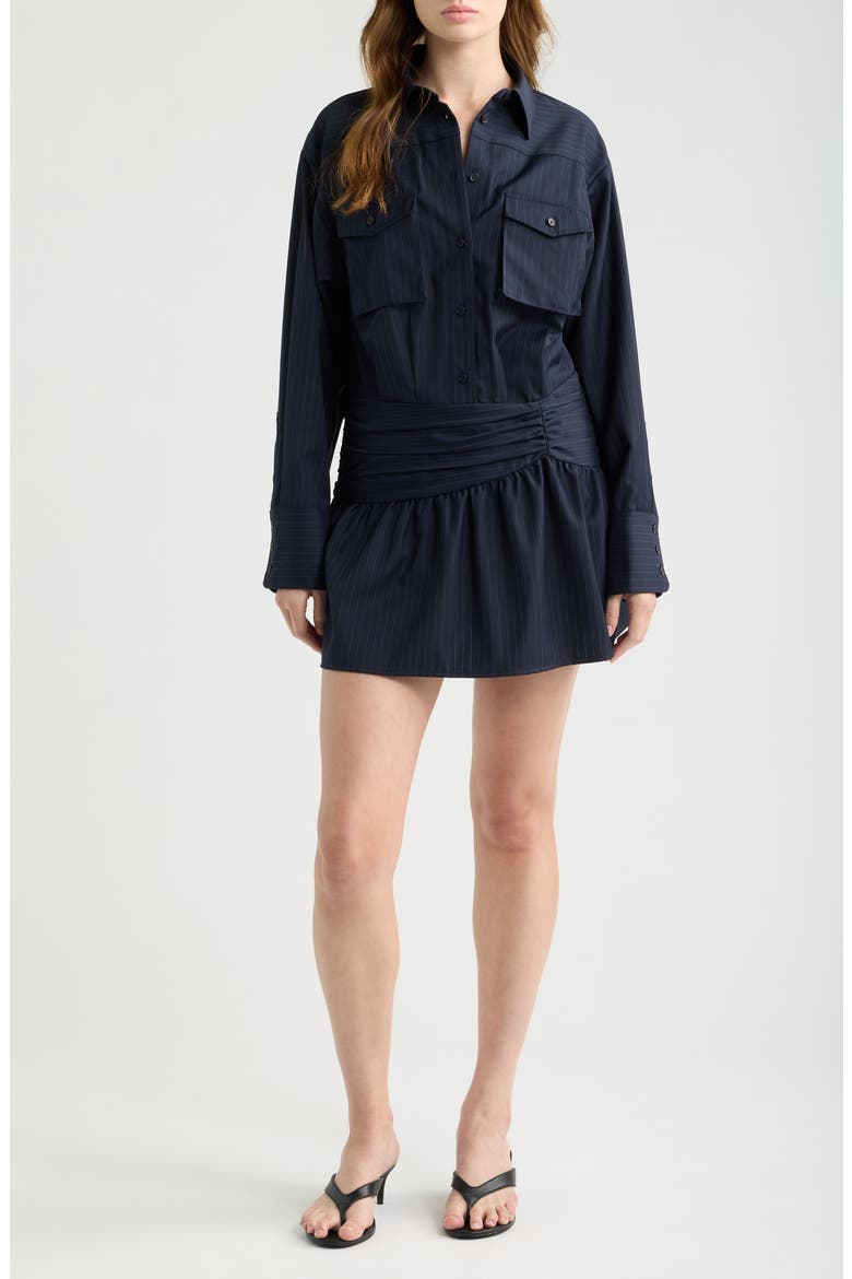 Pinstripe Long Sleeve Wool Blend Mini Shirtdress