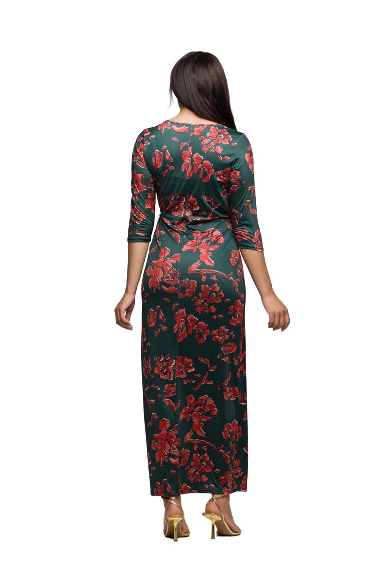 Floral Print Three Quarter Sleeve Side Slit Maxi Dress