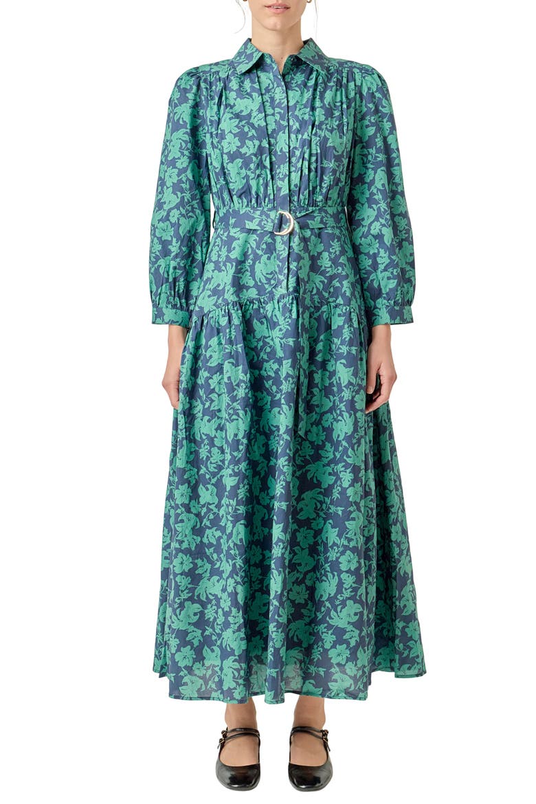 Belted Tiered Print Long Sleeve Cotton Midi Dress