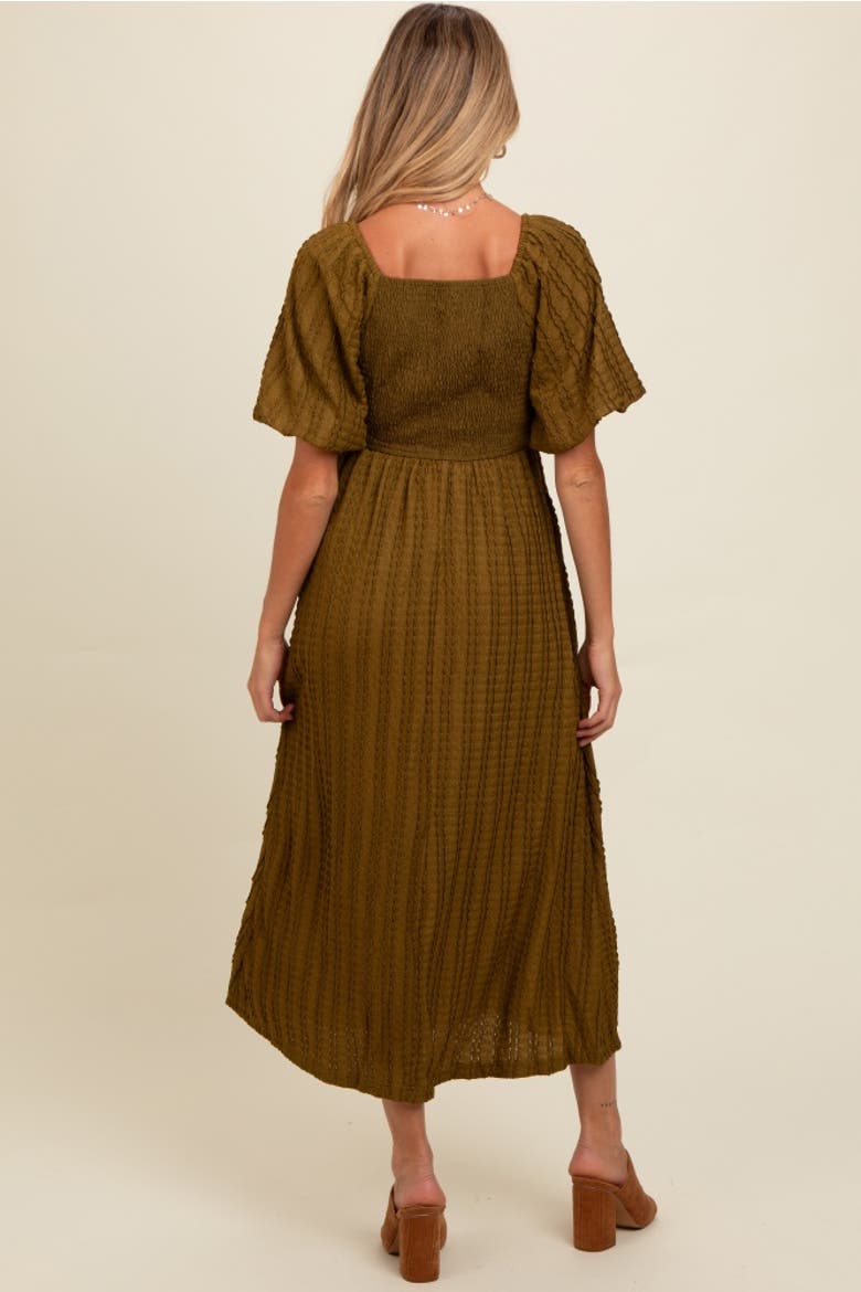 Smocked V-Neck Short Puff Sleeve Textured Midi Dress