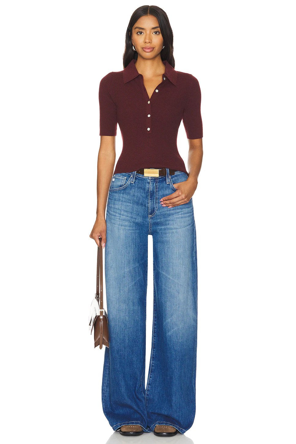 525 Ginny Short Sleeve Johnny Collar Top in Oxblood - Image 4