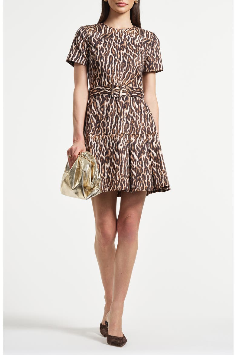 Tie Dye Pleated Belted Drop Waist Stretch Cotton Minidress