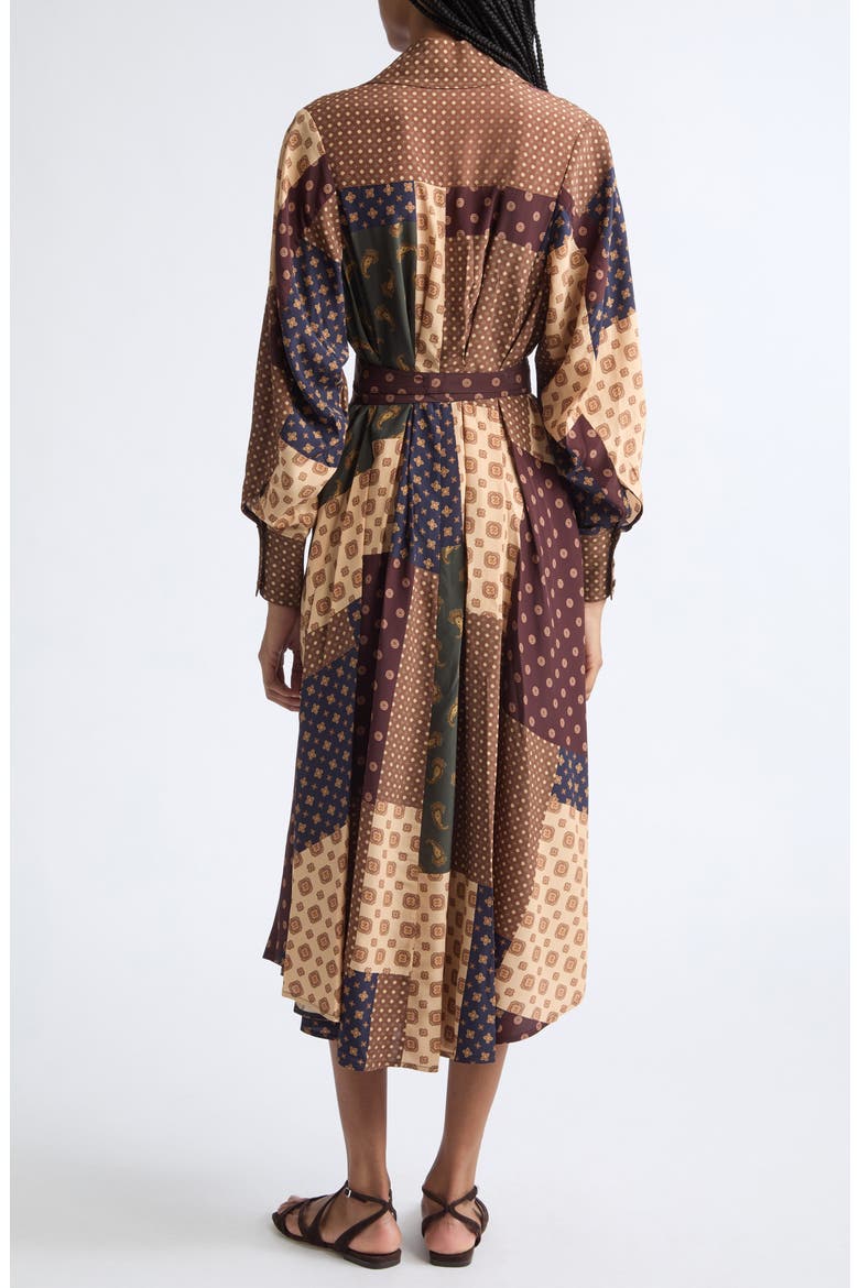 Patchwork Foulard Print Long Sleeve Midi Dress