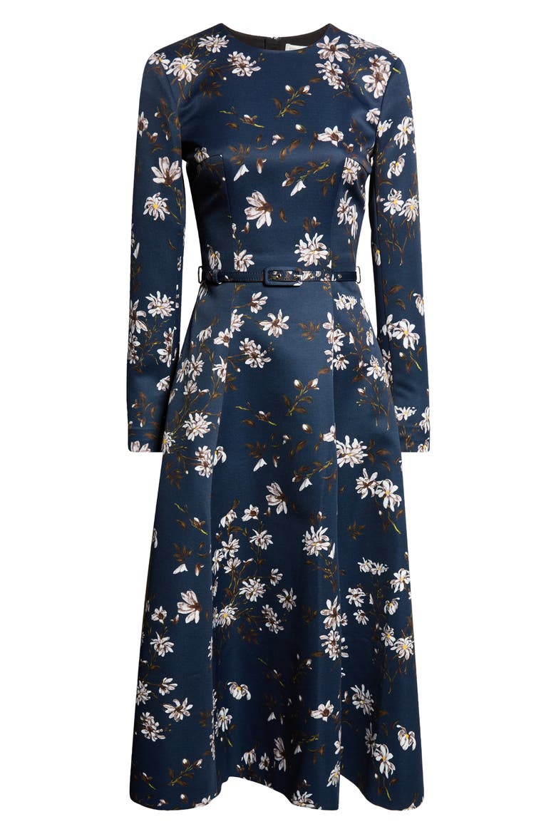 Capucine Floral Print Long Sleeve Belted Satin Midi Dress