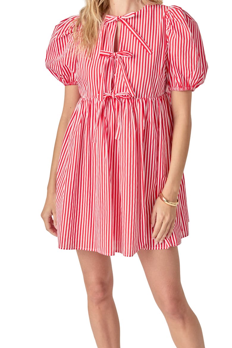 Stripe Tie Front Puff Sleeve Minidress