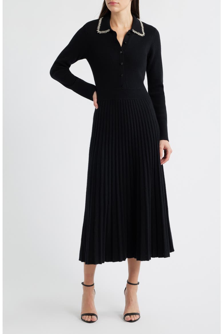 Penny Embellished Collar Pleated Long Sleeve Cashmere Sweater Dress