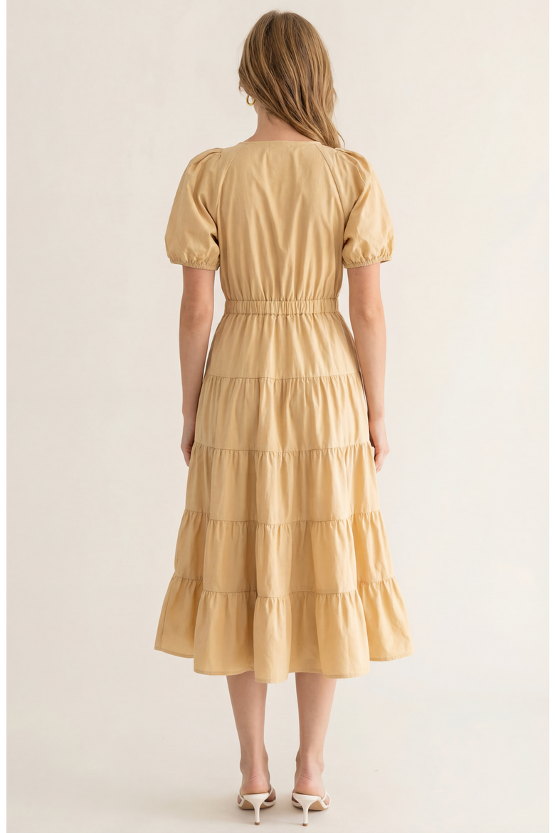 Tiered Puff Sleeve Tie Waist Midi Dress