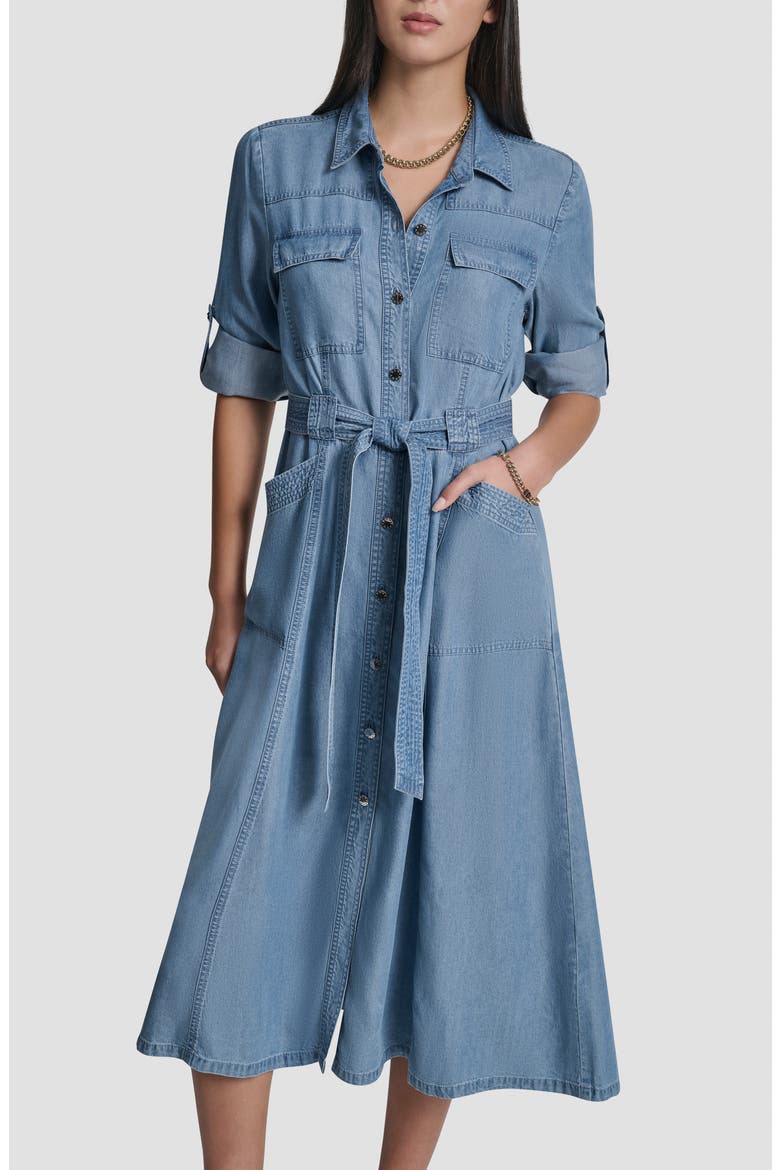 Tie Waist Roll Tab Chambray Midi Shirtdress